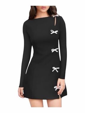 A202 XXTAXN Black Boat Neck Long-Sleeve Bow Accent Y2k A Line Mini Small Dress